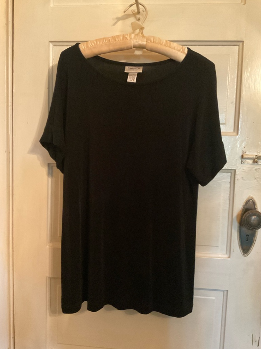 Chico's Black Short-Sleeve Travelers Blouse Short Cuff Sleeve Sz 3